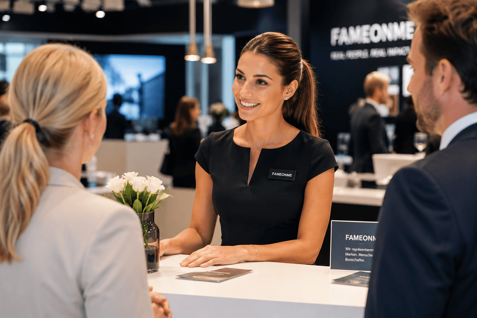 Business Hostess im Gespräch mit Kunden auf modernem Messe-Stand