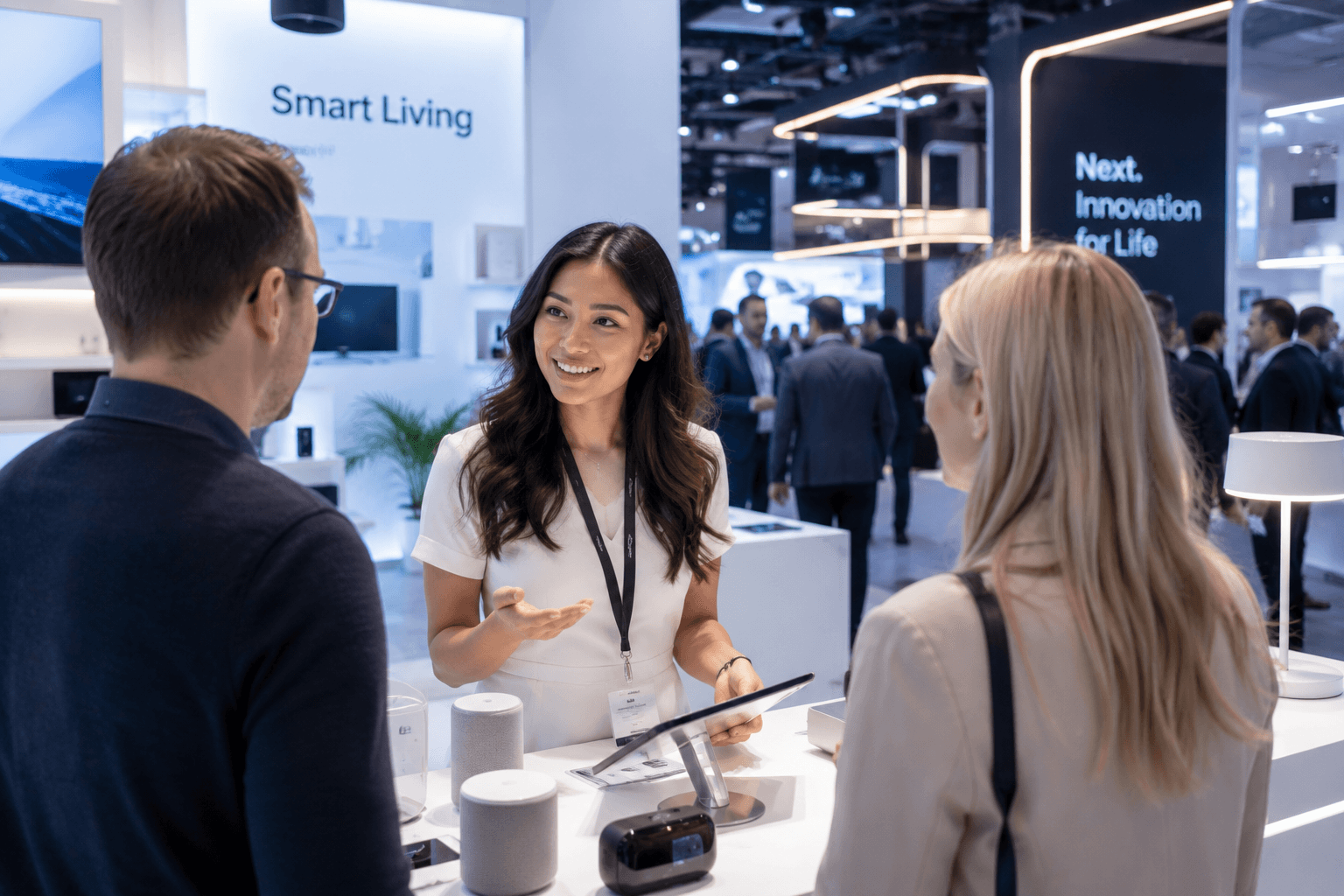 Hostess im Gespräch mit Besuchern auf der IFA in Berlin für Technologie, Smart Home und Consumer Electronics